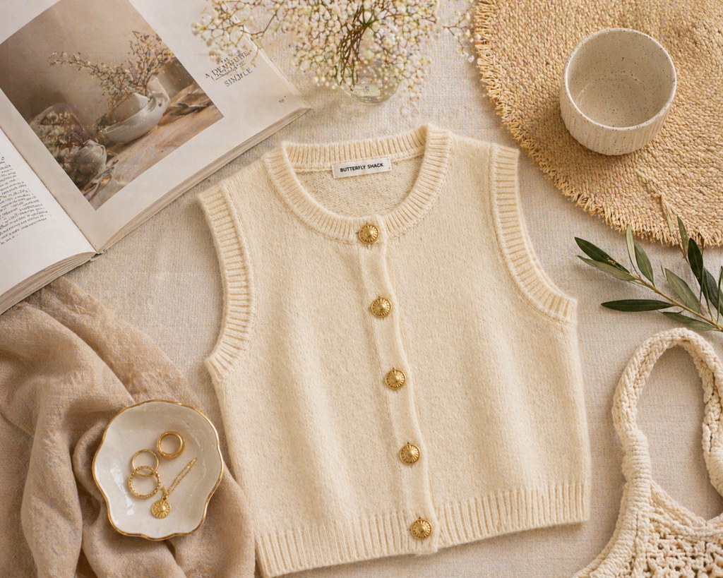 Coastal Knit Button Vest -Cream