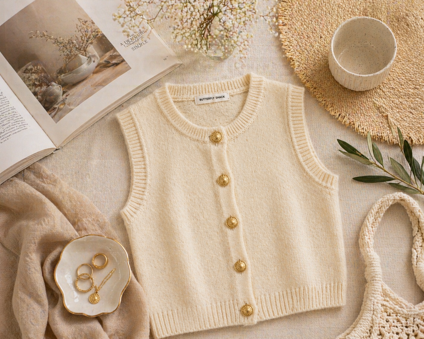 Coastal Knit Button Vest -Cream