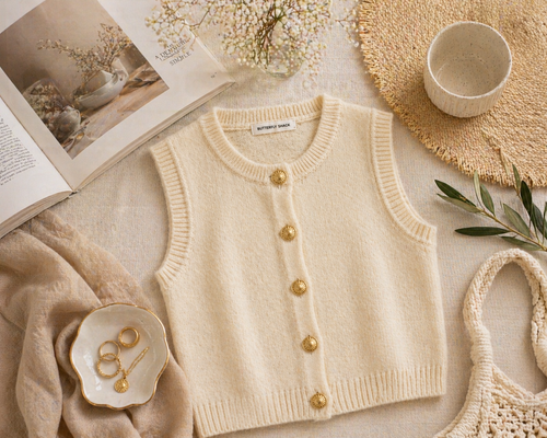 Coastal Knit Button Vest -Cream